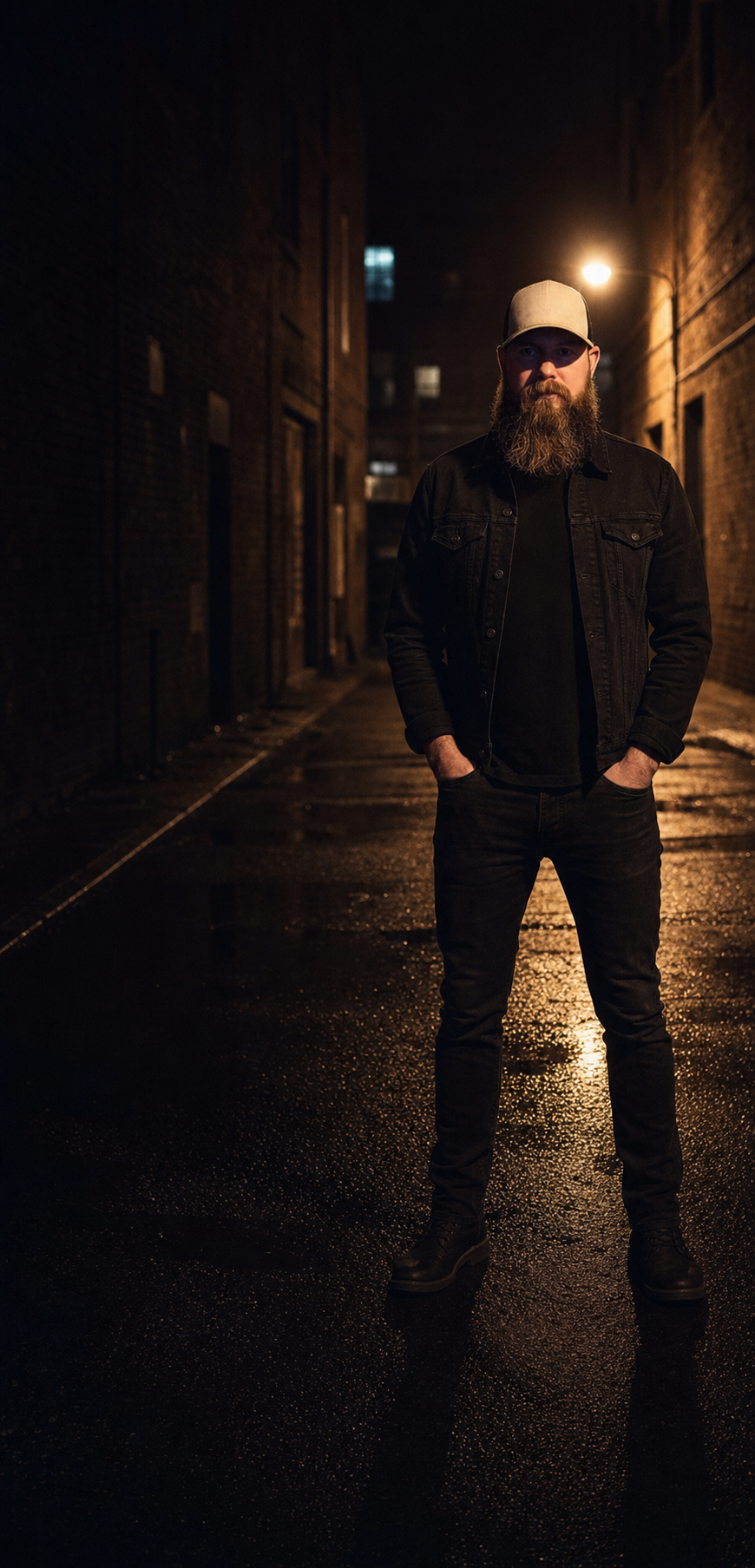 Portrait of horror producer Randy W. Stover in black workwear