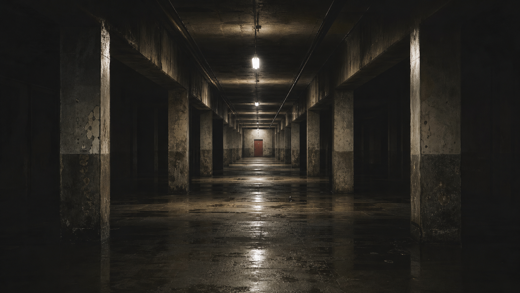 Empty concrete corridor lit by sparse practical lights